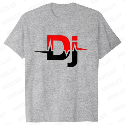 Gray heathered cotton technics t shirt with bold red and black dj logo and heartbeat line for street dj music and electronic hip hop