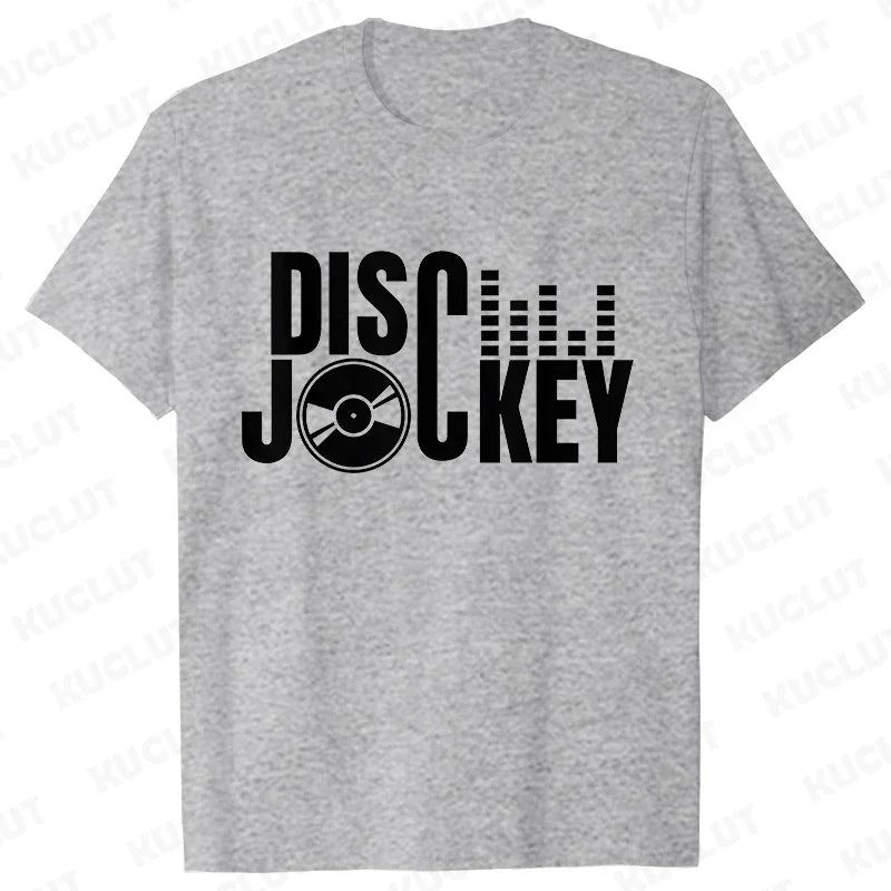 Gray heathered cotton technics t shirt with bold disco jockey text vinyl record and audio waveform for street dj music and electronic hip hop