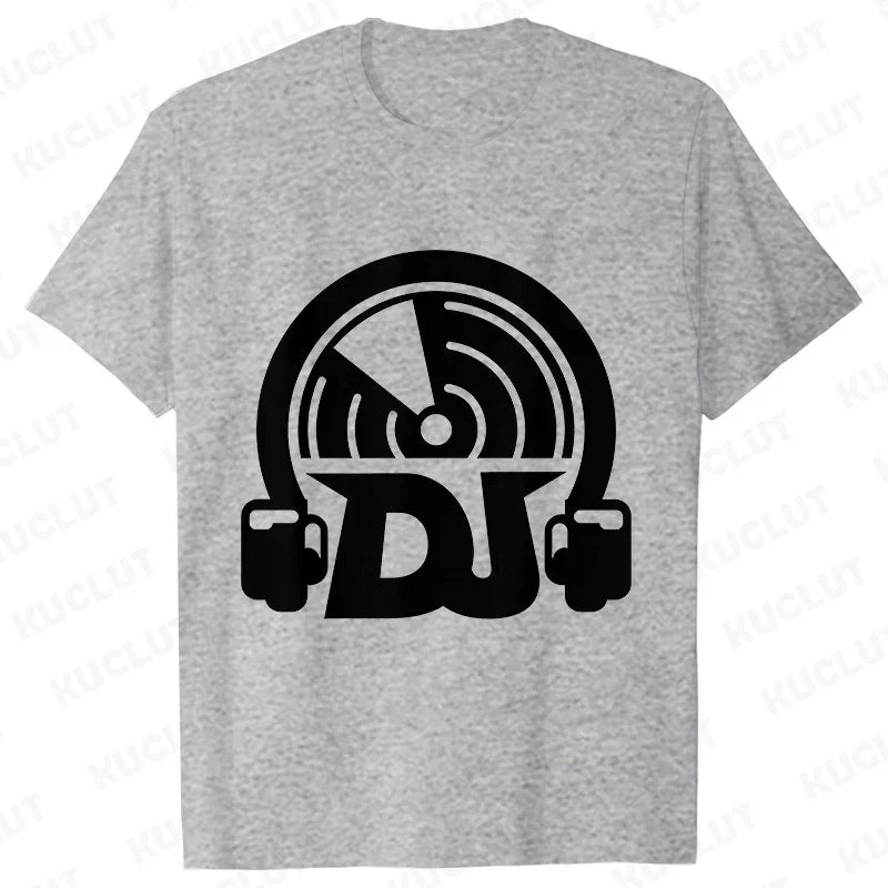 Gray heathered cotton technics t shirt with bold black headphones and vinyl record graphic for street dj music fans