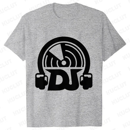 Gray heathered cotton technics t shirt with bold black headphones and vinyl record graphic for street dj music fans