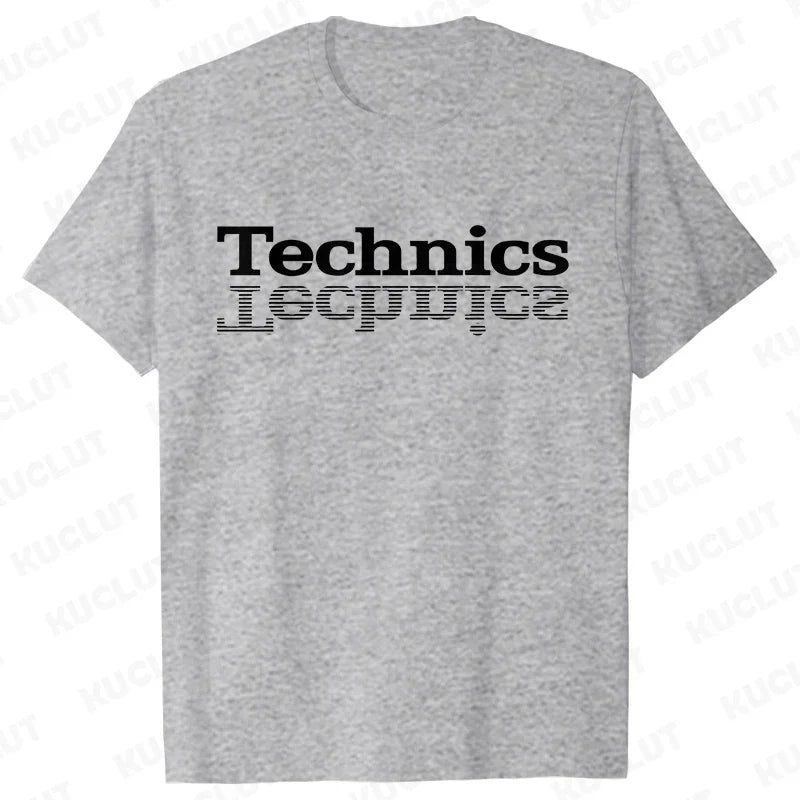 A heather gray short-sleeved technics t shirt with bold black lettering for street dj music and electronic hip hop fans