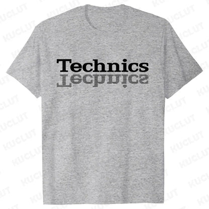 A heather gray short-sleeved technics t shirt with bold black lettering for street dj music and electronic hip hop fans