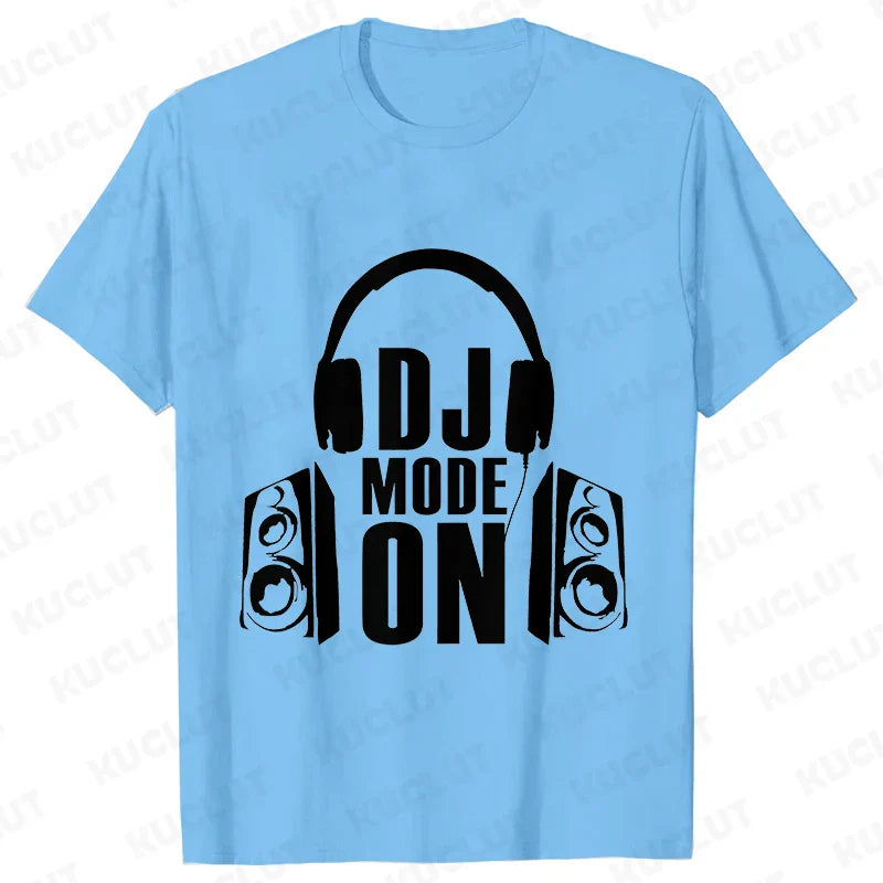 Light blue cotton technics t shirt with black dj mode on graphic for street dj music and electronic hip hop fans