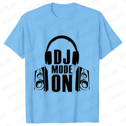 Light blue cotton technics t shirt with black dj mode on graphic for street dj music and electronic hip hop fans