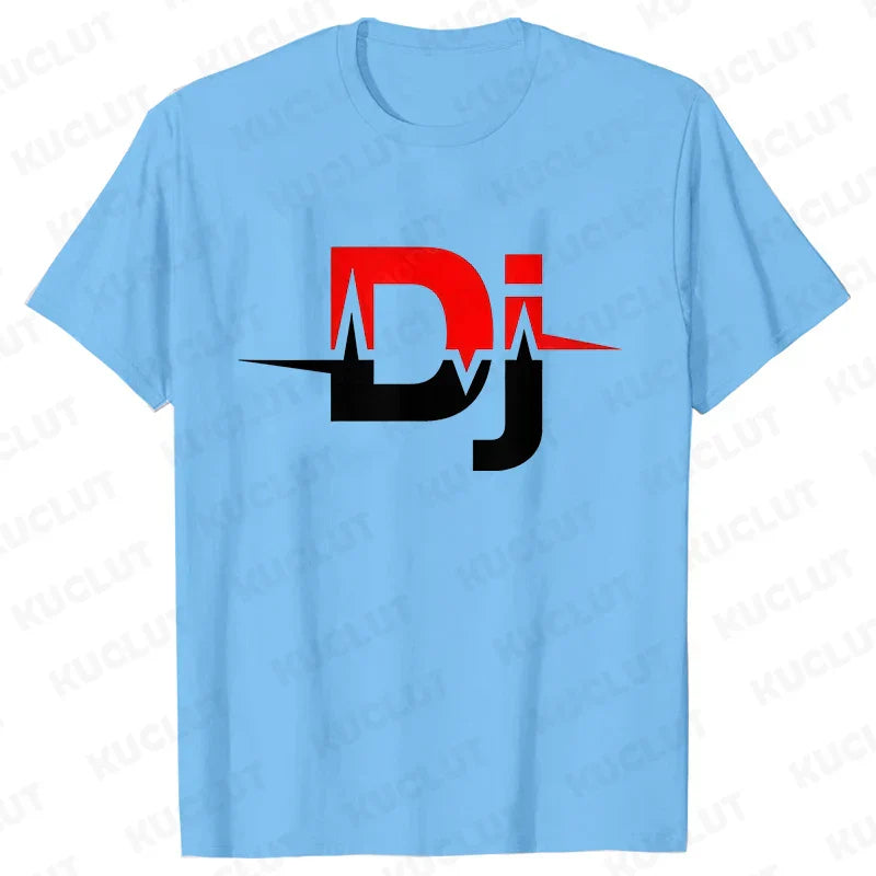 Light blue cotton technics t shirt with bold red and black dj logo and heartbeat design for street dj music and electronic hip hop