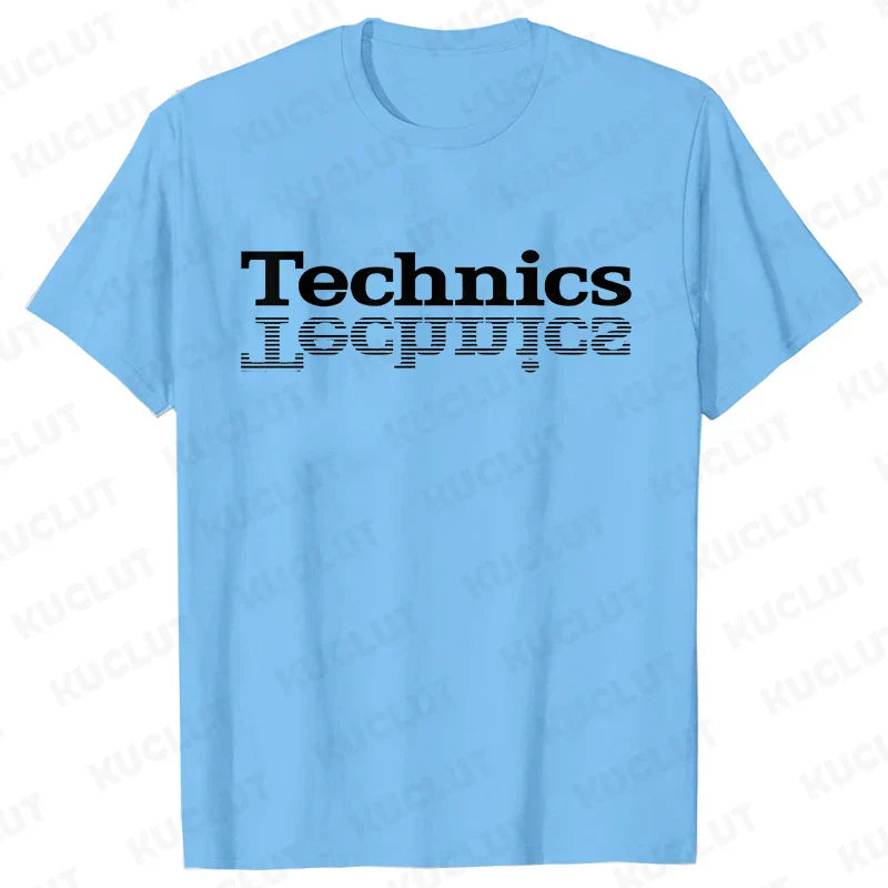 Light blue cotton technics t shirt with bold black logo and pixelated design ideal for street dj music and electronic hip hop fans