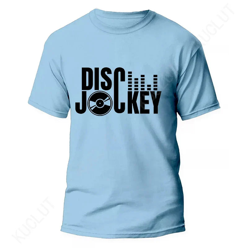 Light blue short-sleeved technics t shirt with black disco jockey graphic vinyl record and audio waveform for street dj music