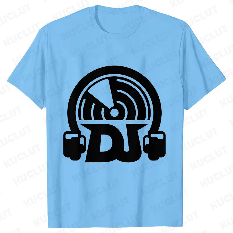 Light blue technics t shirt with bold black headphones and dj graphic ideal for street dj music and electronic hip hop fans