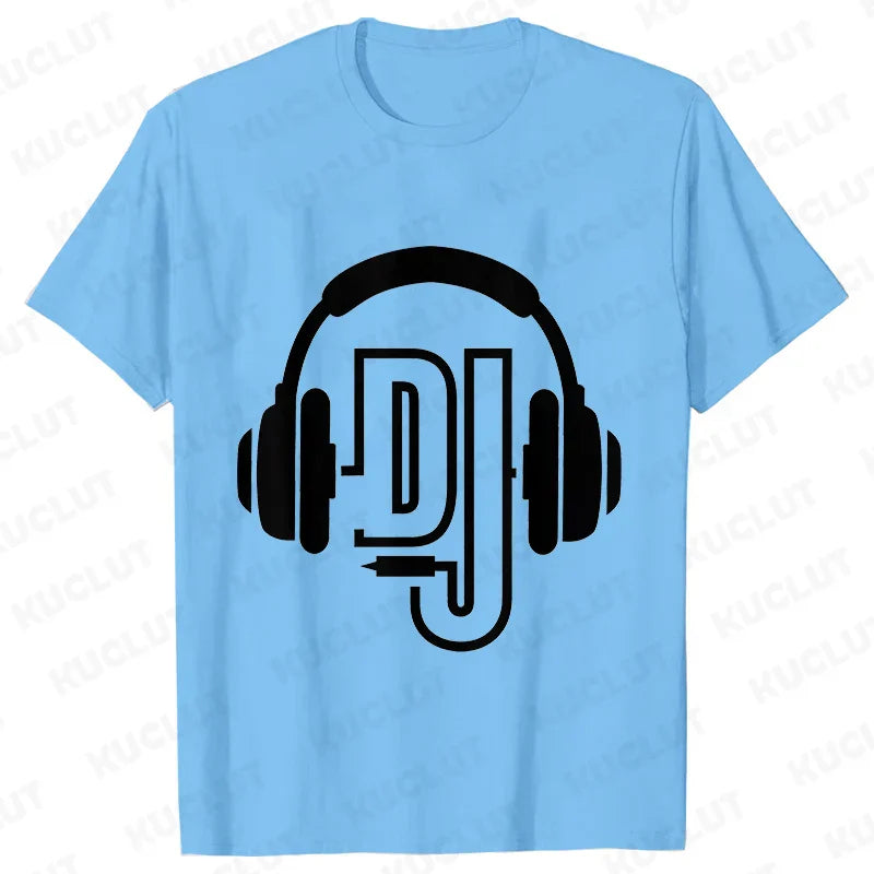 Light blue short-sleeved technics t shirt with bold black dj headphones graphic for street dj music and electronic hip hop fans