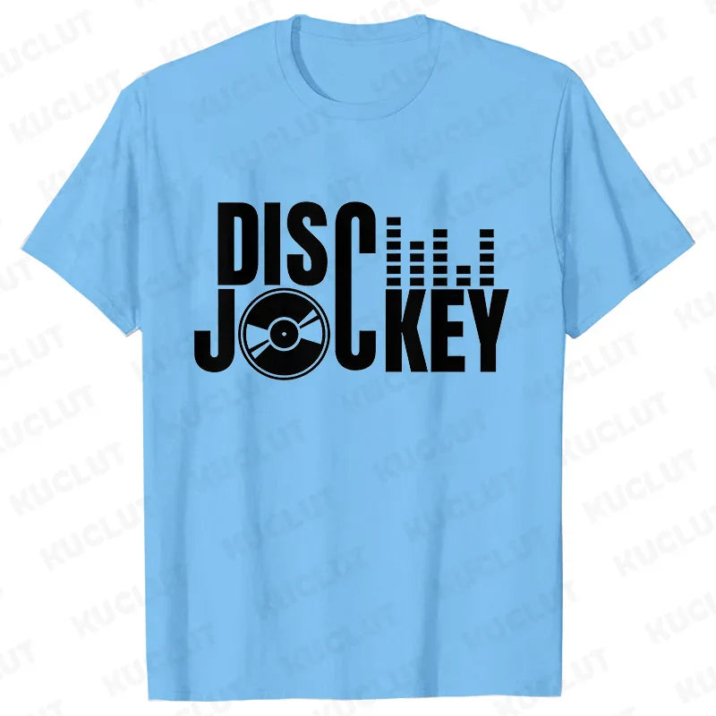 Light blue technics t shirt with bold black disco jockey text vinyl record and audio waveform for street dj music style