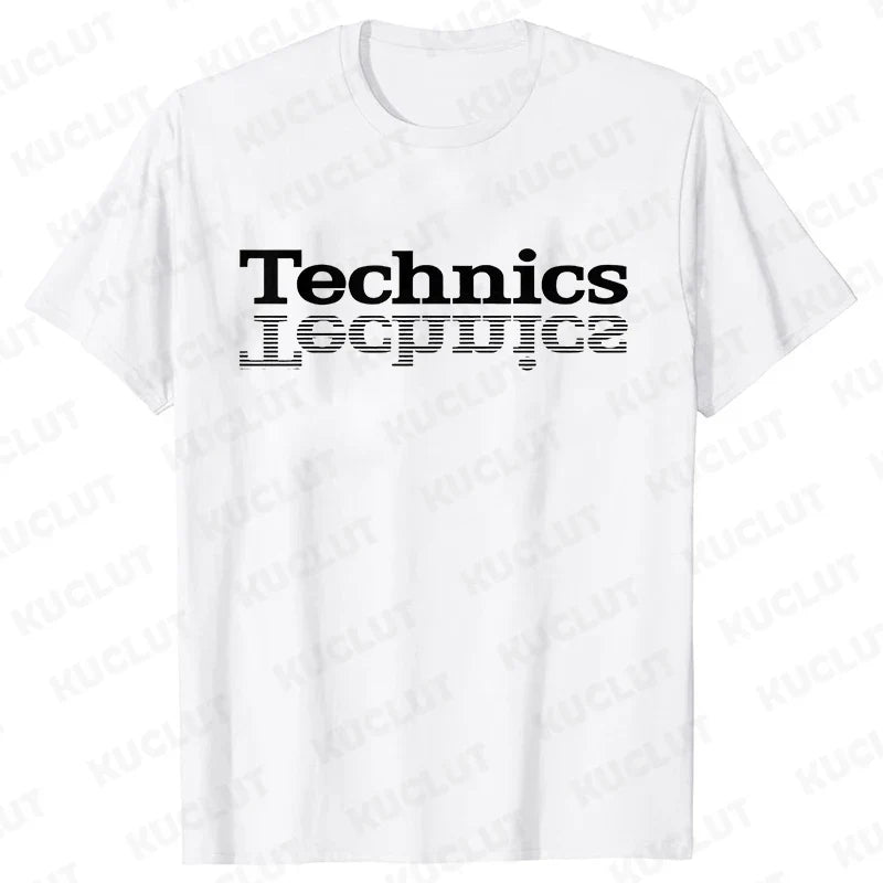 White cotton technics t shirt with bold black glitch-effect logo for street dj music and electronic hip hop fashion
