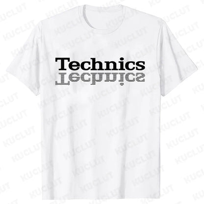 White cotton technics t shirt with bold black glitch-effect logo for street dj music and electronic hip hop fashion