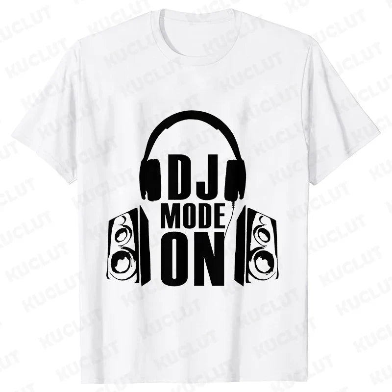White cotton technics t shirt with bold black headphones graphic and dj mode on text for street dj music and electronic hip hop