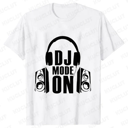White cotton technics t shirt with bold black headphones graphic and dj mode on text for street dj music and electronic hip hop