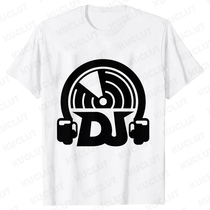 White cotton technics t shirt featuring bold black dj headphones and vinyl graphic for street dj music and electronic hip hop fans