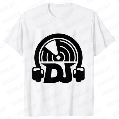 White cotton technics t shirt featuring bold black dj headphones and vinyl graphic for street dj music and electronic hip hop fans