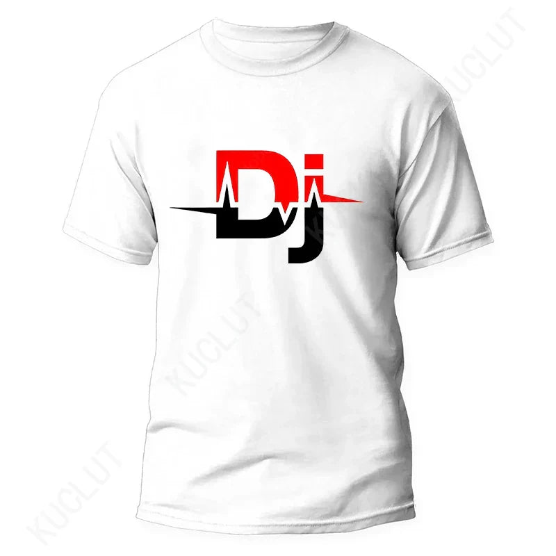 White cotton technics t shirt with bold red and black dj logo and electrocardiogram line for street dj music and electronic hip hop