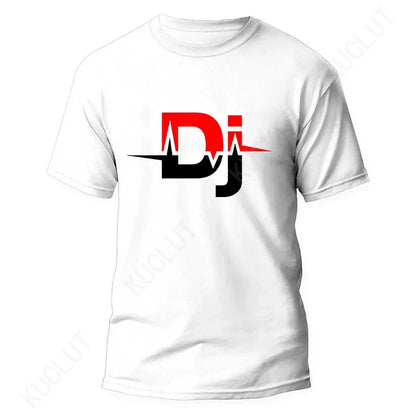 White cotton technics t shirt with bold red and black dj logo and electrocardiogram line for street dj music and electronic hip hop