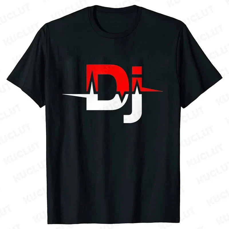 Black short-sleeved technics t shirt with bold red and white dj logo and heartbeat line for street dj music and electronic hip hop