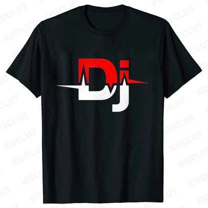 Black short-sleeved technics t shirt with bold red and white dj logo and heartbeat line for street dj music and electronic hip hop