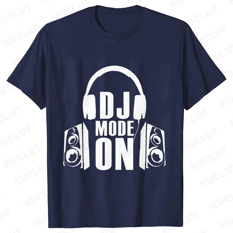 Navy blue technics t shirt with white headphones graphic and dj mode on text for street dj music and electronic hip hop fans