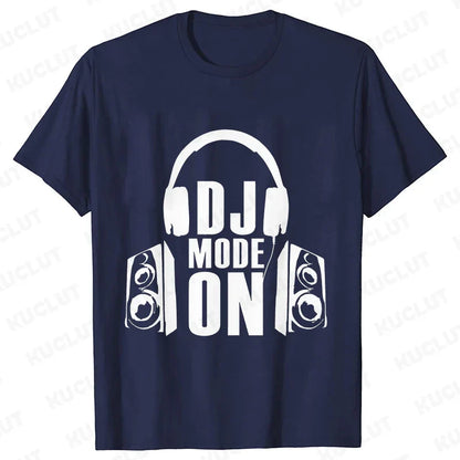 Navy blue technics t shirt with white headphones graphic and dj mode on text for street dj music and electronic hip hop fans
