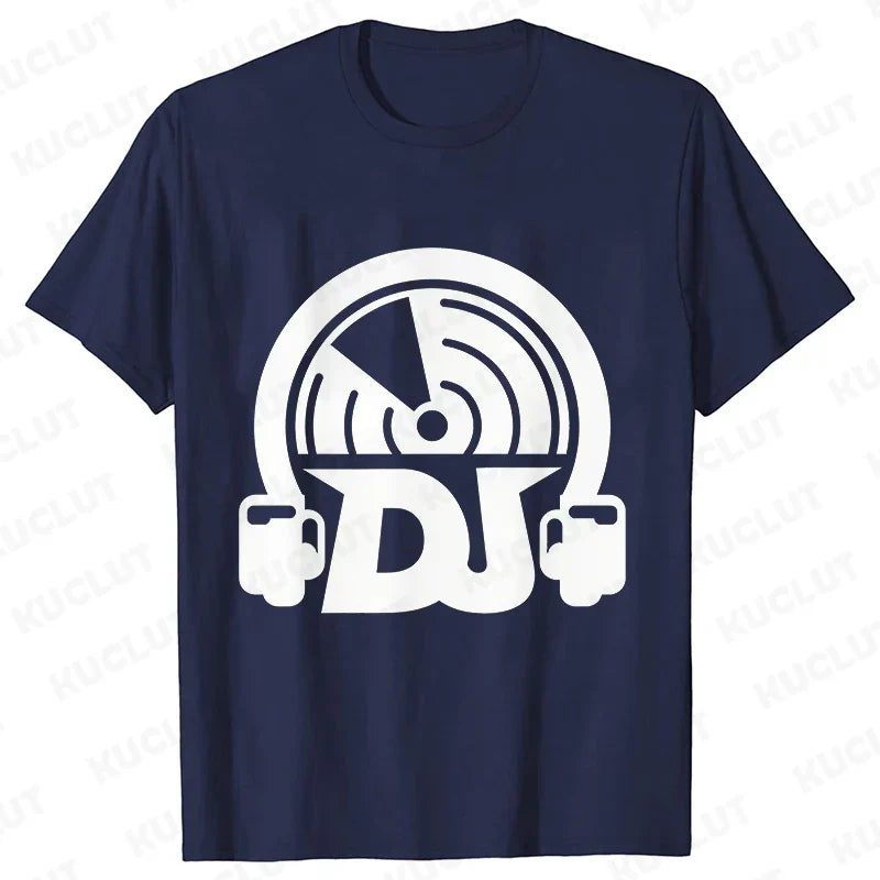 Navy blue technics t shirt with white dj headphones graphic for street dj music and electronic hip hop styles