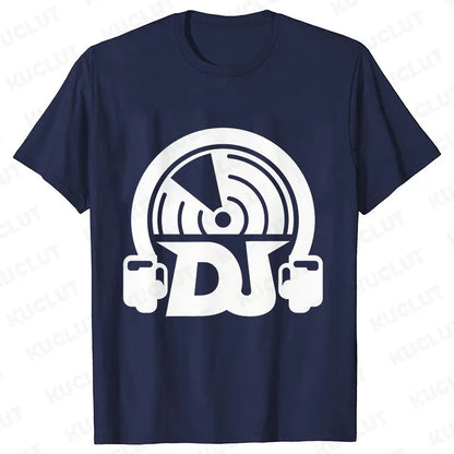 Navy blue technics t shirt with white dj headphones graphic for street dj music and electronic hip hop styles