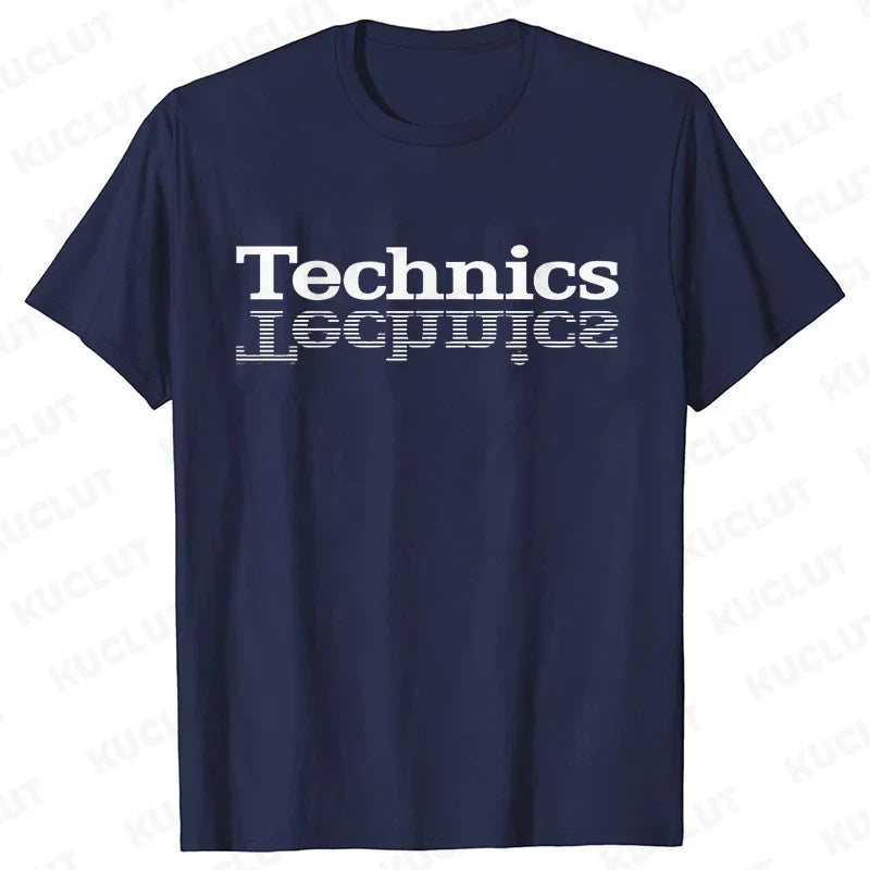 Navy blue technics t shirt with glitch style white print designed for street dj music and electronic hip hop fashion