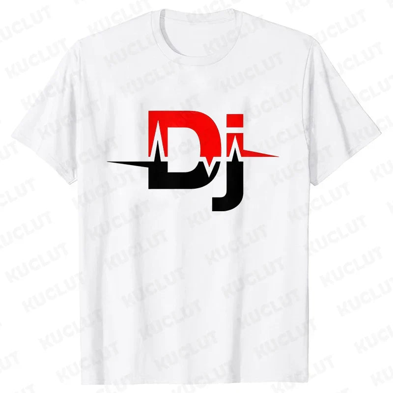 White cotton technics t shirt with bold red and black dj logo featuring electric pulse design for street dj music