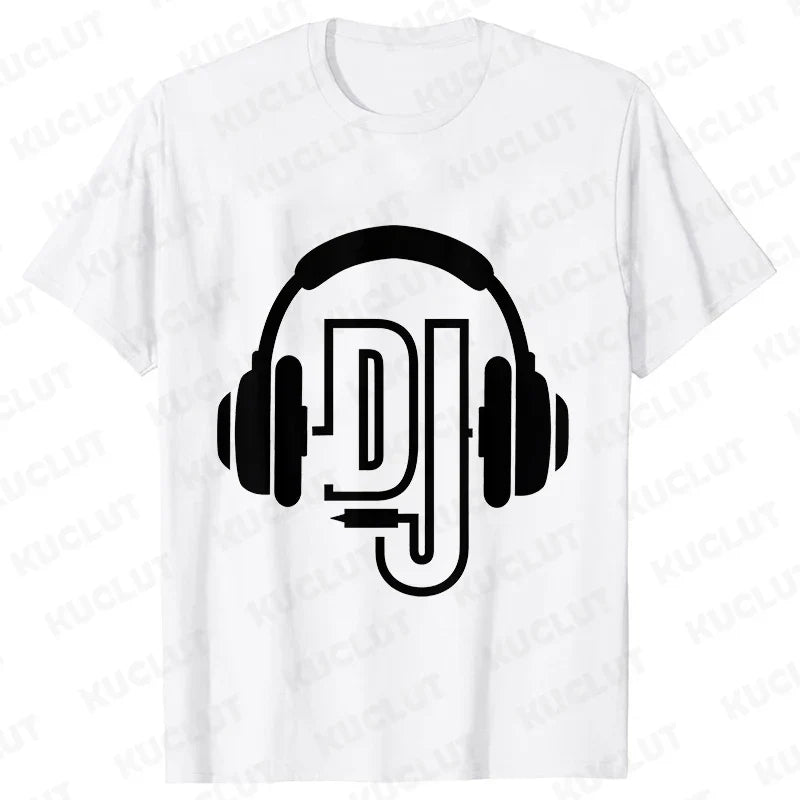 White cotton technics t shirt with bold black dj headphones graphic for street dj music and electronic hip hop styles