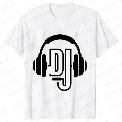 White cotton technics t shirt with bold black dj headphones graphic for street dj music and electronic hip hop styles