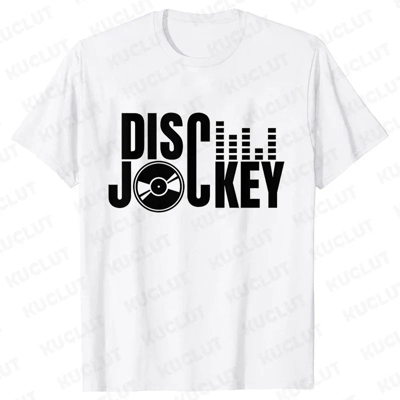 White cotton technics t shirt with bold black disco jockey text vinyl record graphic and electronic hip hop design for street dj music