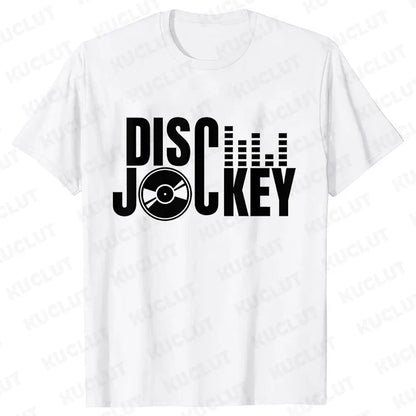 White cotton technics t shirt with bold black disco jockey text vinyl record graphic and electronic hip hop design for street dj music