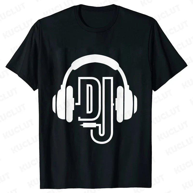 Black short-sleeved technics t shirt with bold white dj headphones graphic for street dj music and electronic hip hop fans