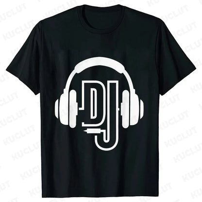 Black short-sleeved technics t shirt with bold white dj headphones graphic for street dj music and electronic hip hop fans