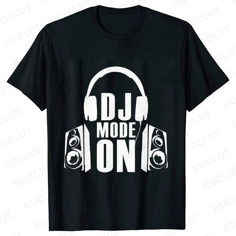 Black technics t shirt with white dj mode on graphic featuring headphones and speakers for street dj music and electronic hip hop