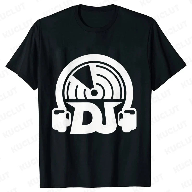 Black short-sleeved technics t shirt with bold white headphone dj graphic for street dj music and electronic hip hop fans
