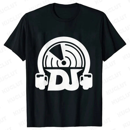 Black short-sleeved technics t shirt with bold white headphone dj graphic for street dj music and electronic hip hop fans