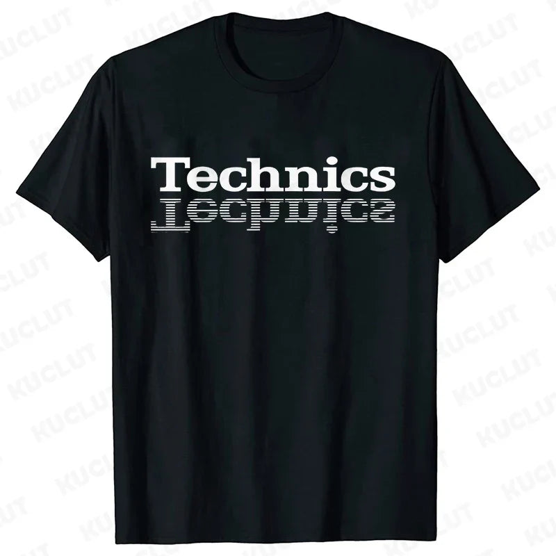 Black short-sleeved cotton technics t shirt with white graphic for street dj music and electronic hip hop fashion