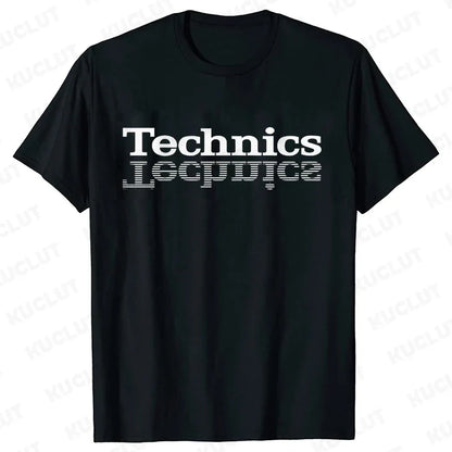 Black short-sleeved cotton technics t shirt with white graphic for street dj music and electronic hip hop fashion