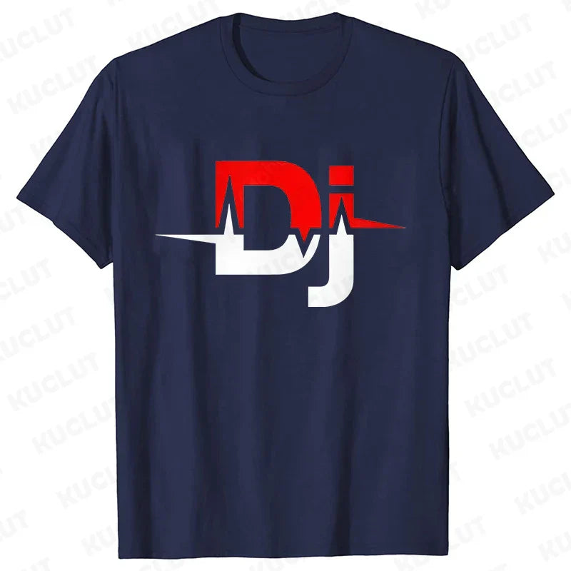 Navy blue short-sleeved technics t shirt with bold red and white dj logo and heartbeat line for street dj music fans
