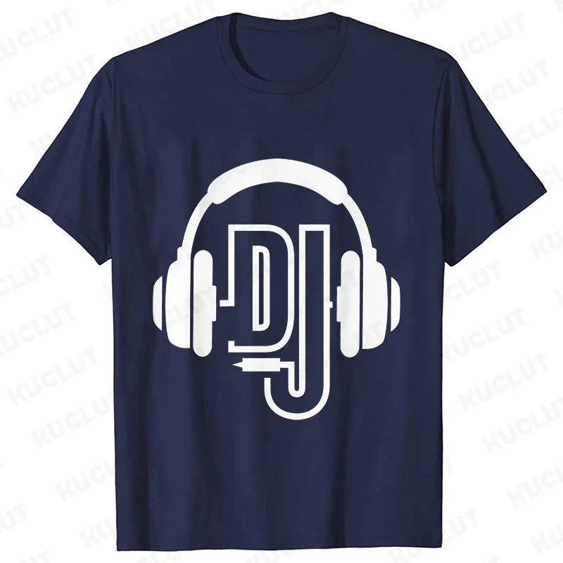 Navy blue technics t shirt with bold white dj headphones graphic for street dj music and electronic hip hop style
