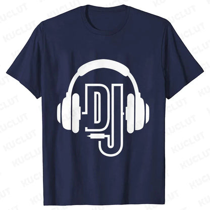 Navy blue technics t shirt with bold white dj headphones graphic for street dj music and electronic hip hop style
