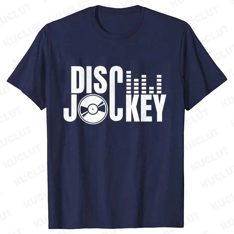 Navy blue short-sleeved technics t shirt with white disco jockey vinyl record graphic for street dj music and electronic hip hop fans