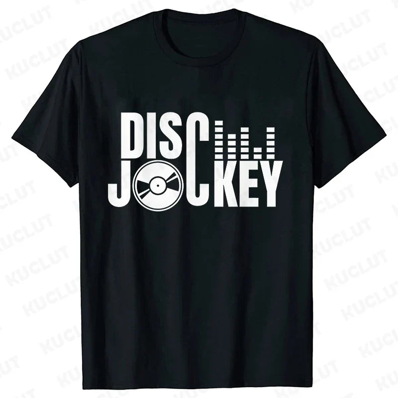 Black short-sleeved technics t shirt featuring a bold white disco jockey graphic with vinyl record and audio waveform