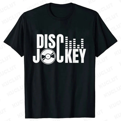 Black short-sleeved technics t shirt featuring a bold white disco jockey graphic with vinyl record and audio waveform