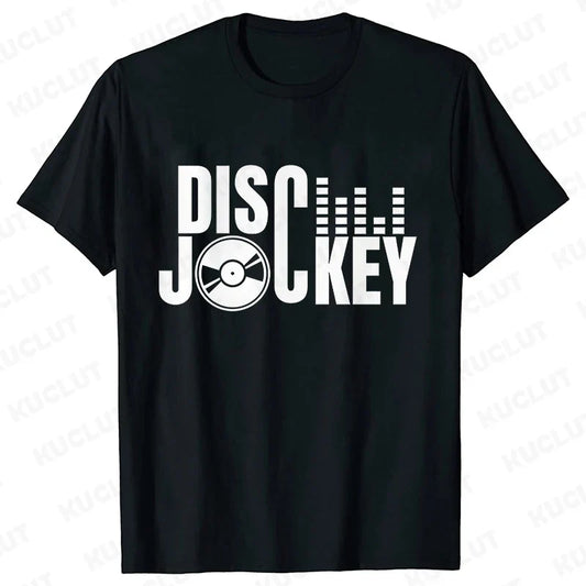 Black short-sleeved technics t shirt featuring a bold white disco jockey graphic with vinyl record and audio waveform