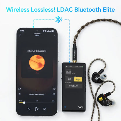 Black rectangular TempoTec Variations V1 hifi music player usb dac with silver accents and braided cable for im01 earphones hifi