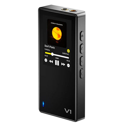Black rectangular hifi music player with touchscreen, silver buttons, usb dac, and im01 earphones compatibility